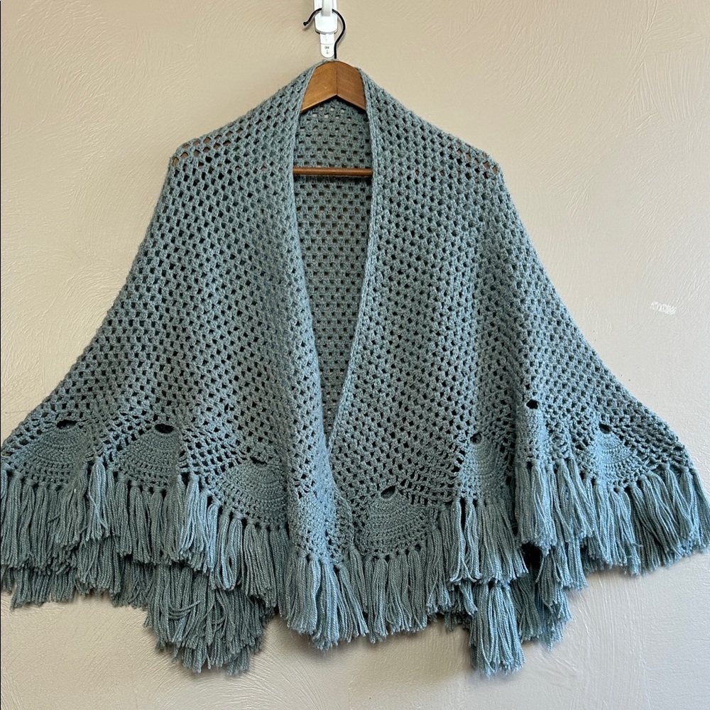 Modern Granny Teal Handmade Crochet-Shawl W/Fringe. Bohemian Wrap. Artisan Piece